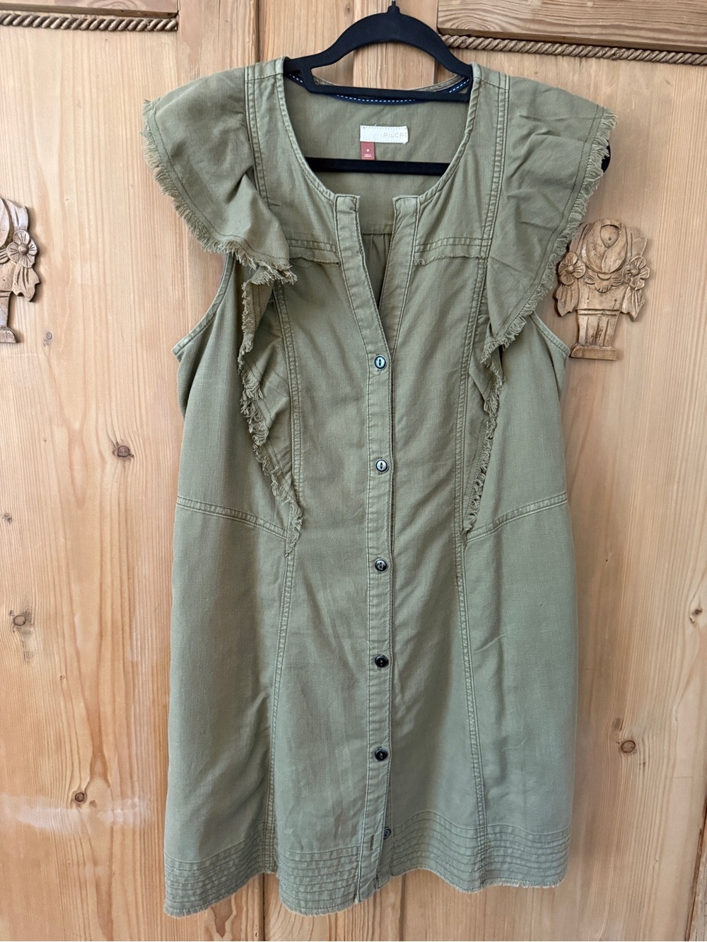 Pilcro Olive Green Button-Front Midi Dress with Ruffle Trim